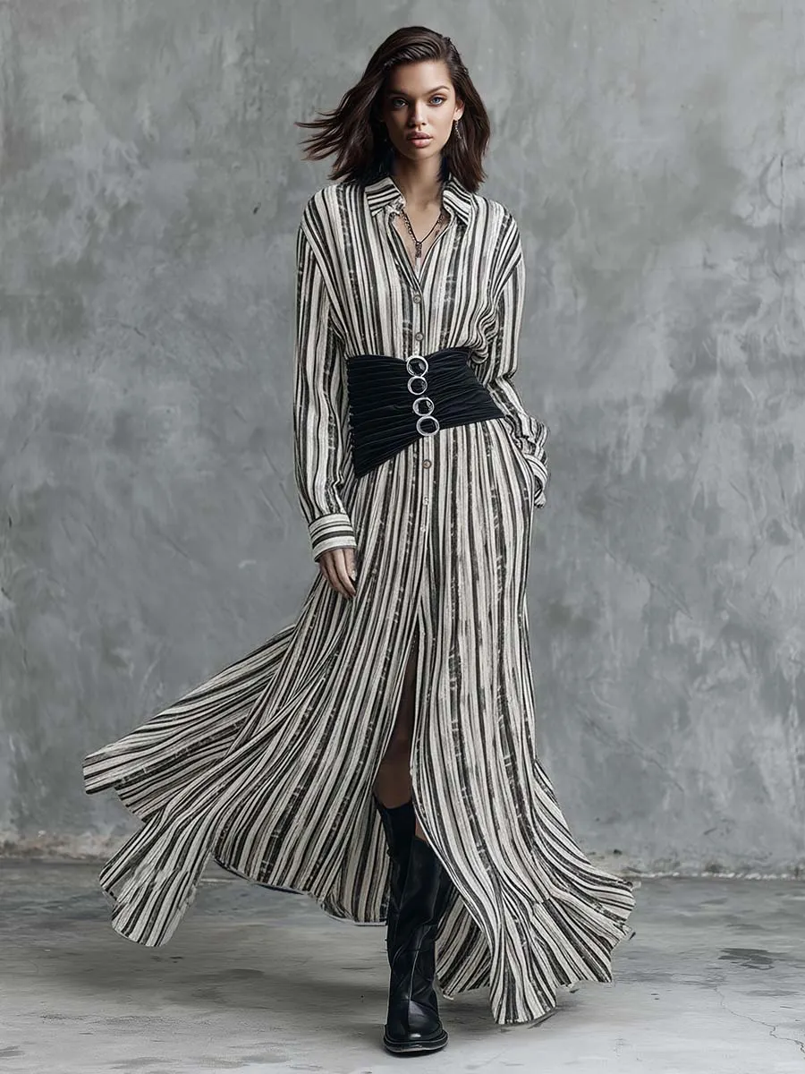 Retro Fashion Flowy Black And White Striped Chiffon Shirt Dress sold by Oyrosy product image thumbnail 2