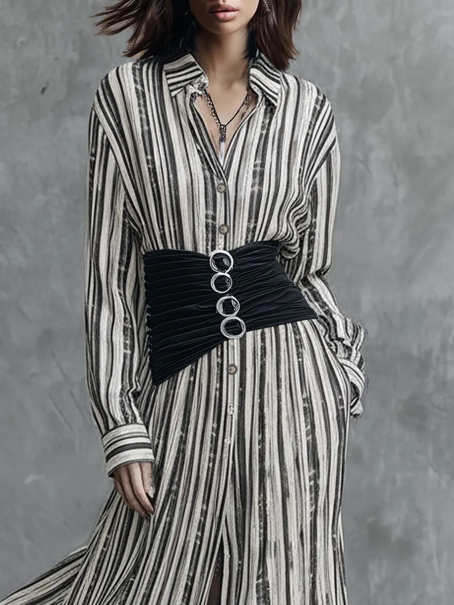Retro Fashion Flowy Black And White Striped Chiffon Shirt Dress sold by Oyrosy product image thumbnail 3