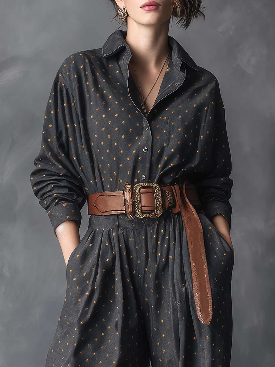 Vintage Fashiona Lapel Front Button Gold-plated Silver Polka Dot Pattern Dark Gray Denim Jumpsuit sold by Oyrosy product image thumbnail 3