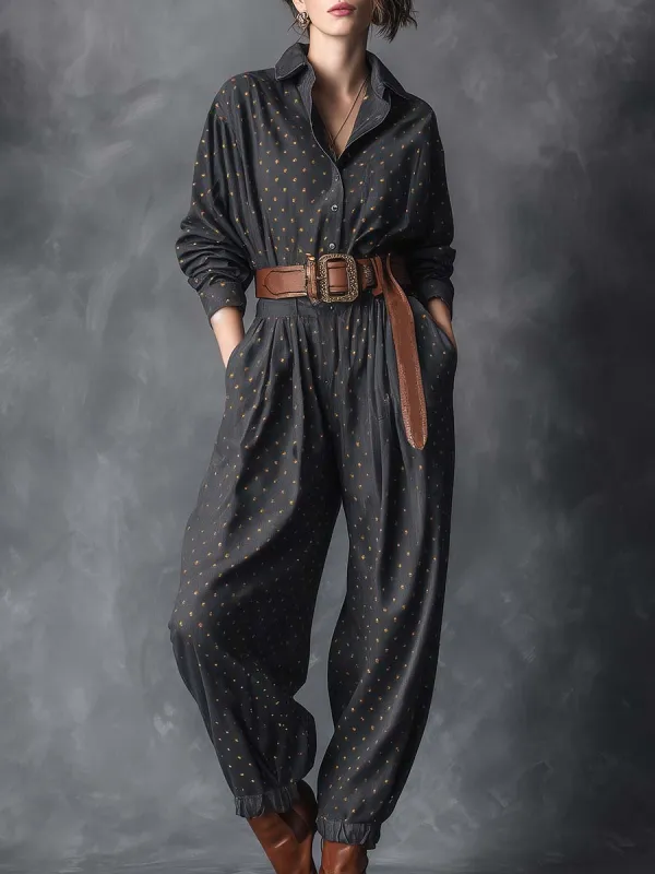 Vintage Fashiona Lapel Front Button Gold-plated Silver Polka Dot Pattern Dark Gray Denim Jumpsuit sold by Oyrosy