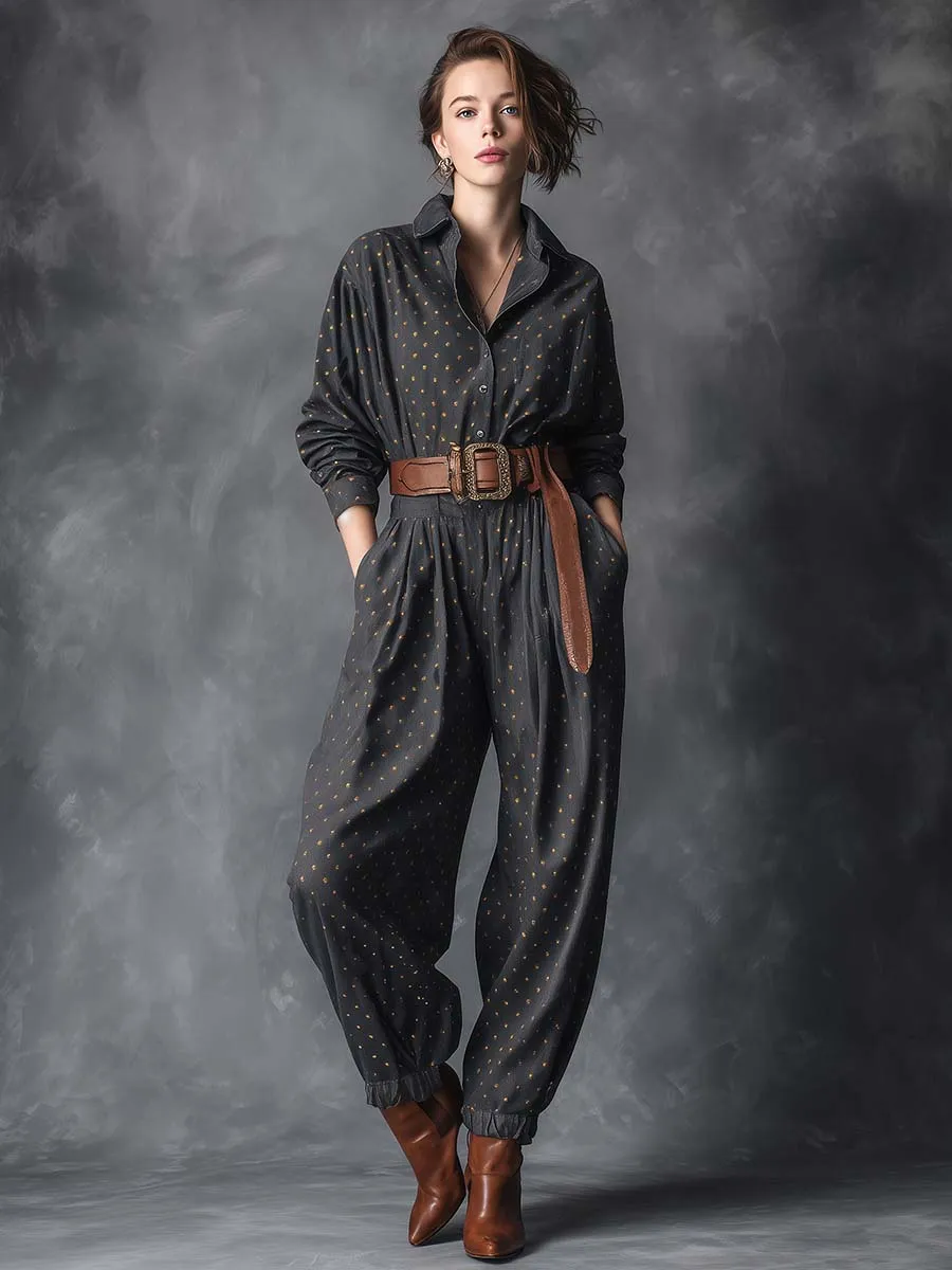 Vintage Fashiona Lapel Front Button Gold-plated Silver Polka Dot Pattern Dark Gray Denim Jumpsuit sold by Oyrosy product image thumbnail 2