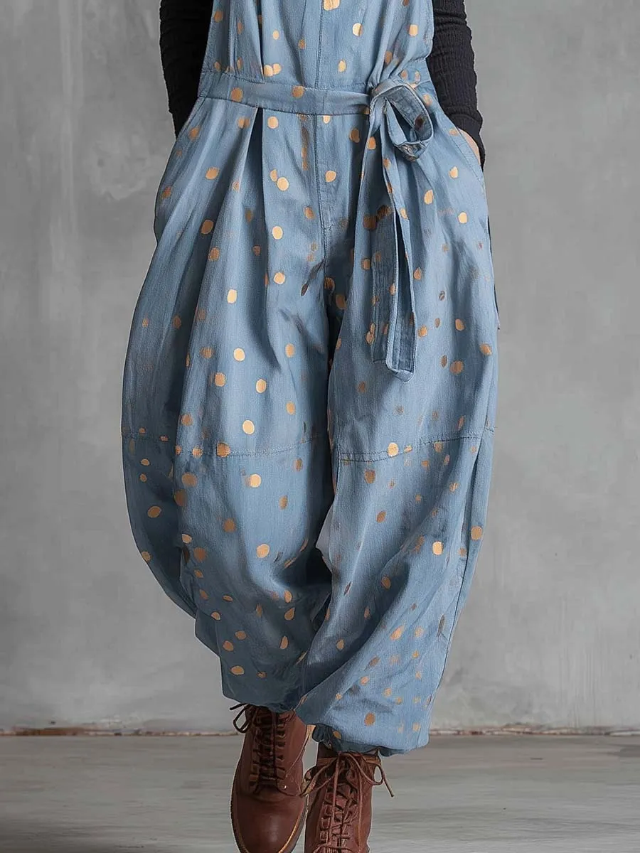 Vintage Fashion Waist Tie Gold Polka Dots Light Blue Denim Jumpsuit Overalls sold by Oyrosy product image thumbnail 4