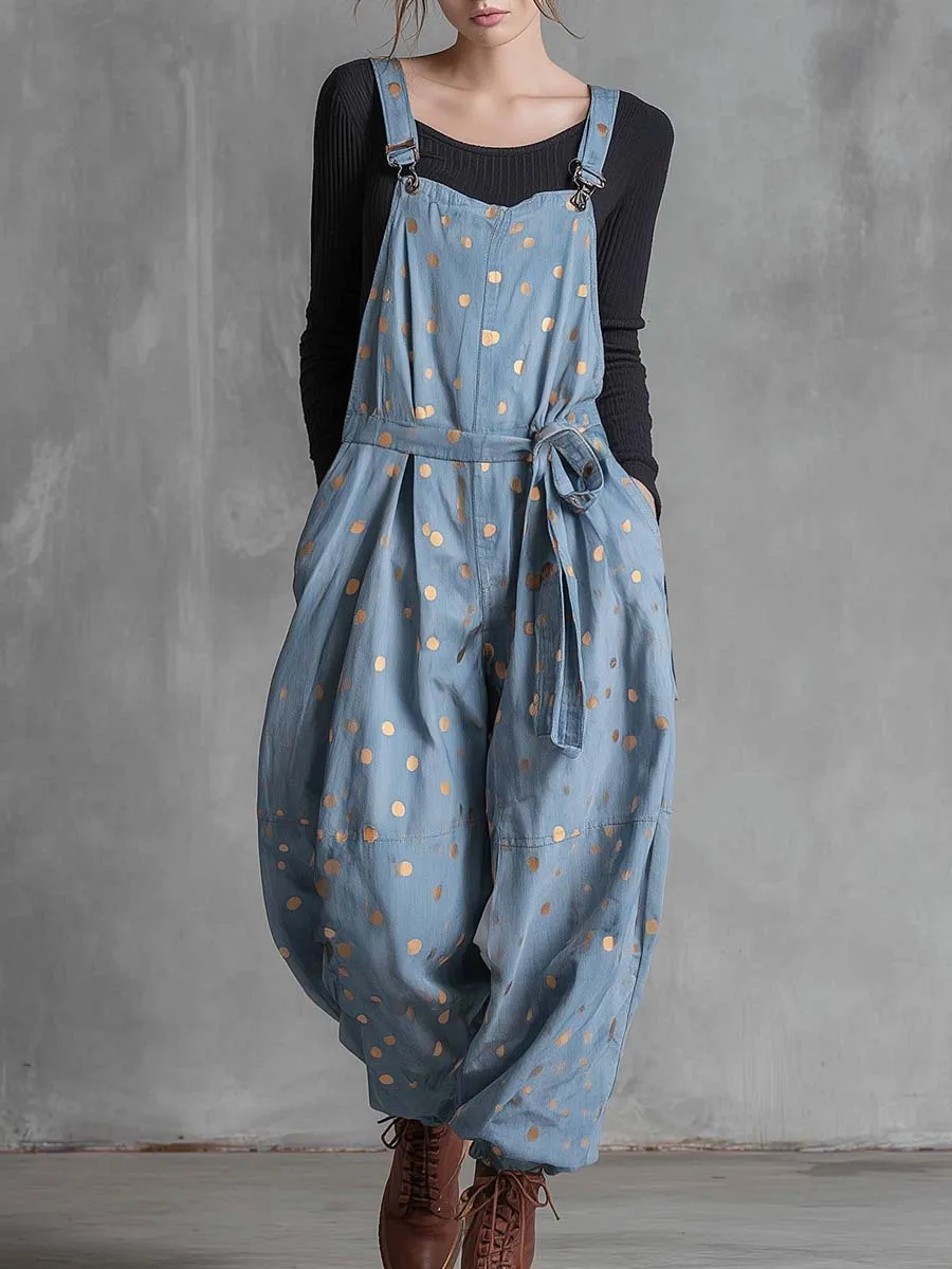 Vintage Fashion Waist Tie Gold Polka Dots Light Blue Denim Jumpsuit Overalls sold by Oyrosy