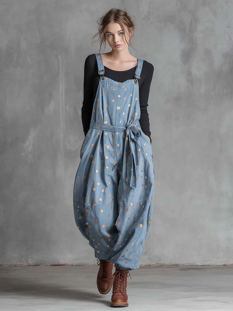 Vintage Fashion Waist Tie Gold Polka Dots Light Blue Denim Jumpsuit Overalls sold by Oyrosy product image thumbnail 2