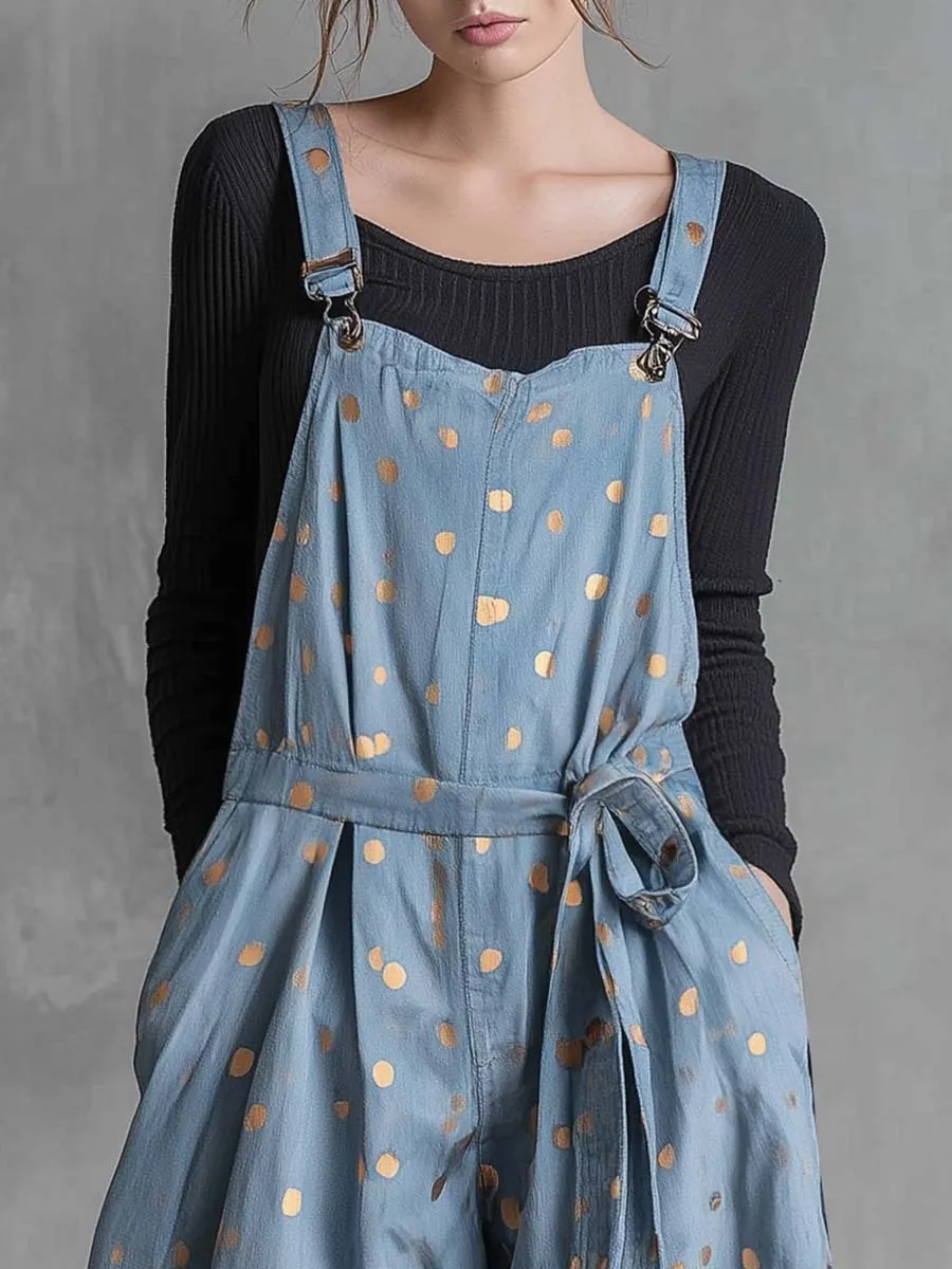 Vintage Fashion Waist Tie Gold Polka Dots Light Blue Denim Jumpsuit Overalls sold by Oyrosy product image thumbnail 3