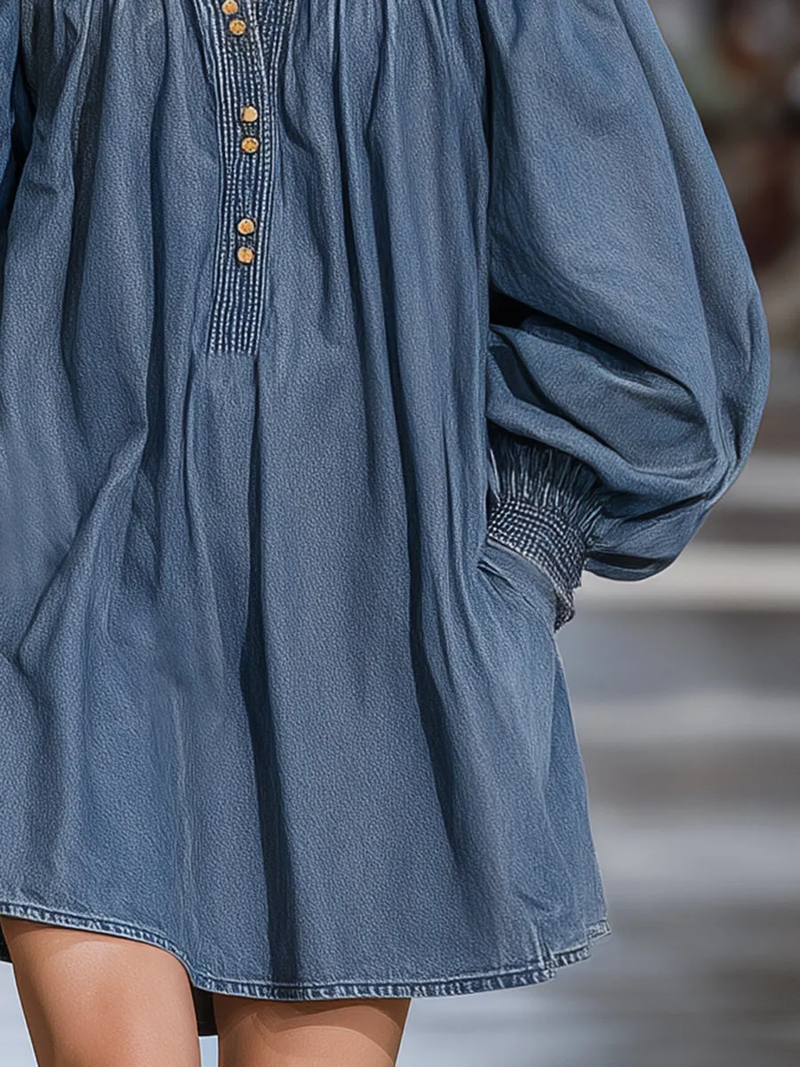 Fashionable Retro Stand-up Collar Denim Loose Mini Dress sold by Oyrosy product image thumbnail 4