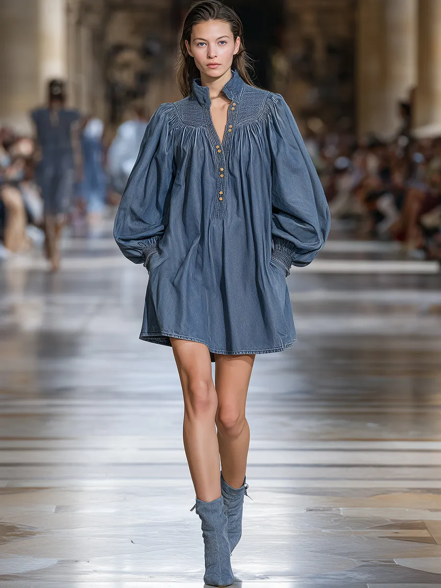 Fashionable Retro Stand-up Collar Denim Loose Mini Dress sold by Oyrosy product image thumbnail 2