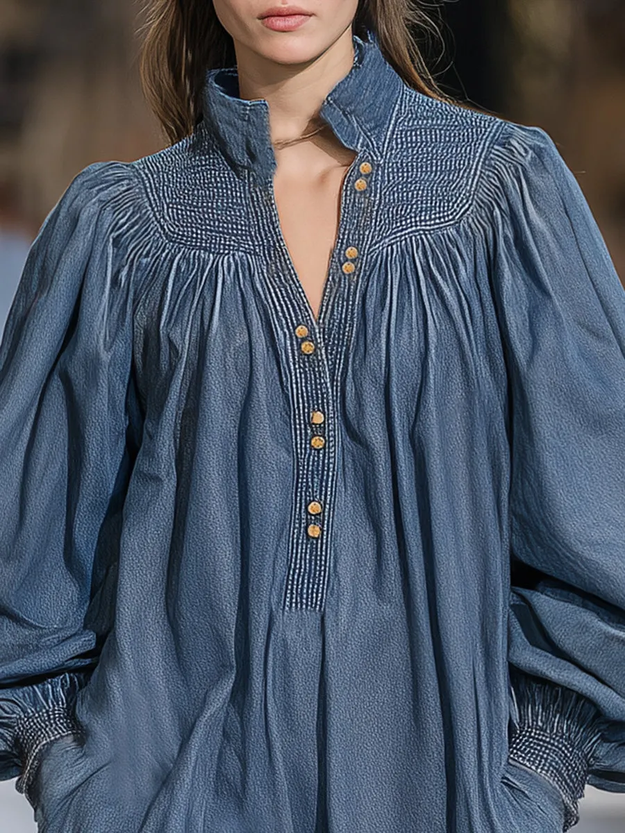 Fashionable Retro Stand-up Collar Denim Loose Mini Dress sold by Oyrosy product image thumbnail 3