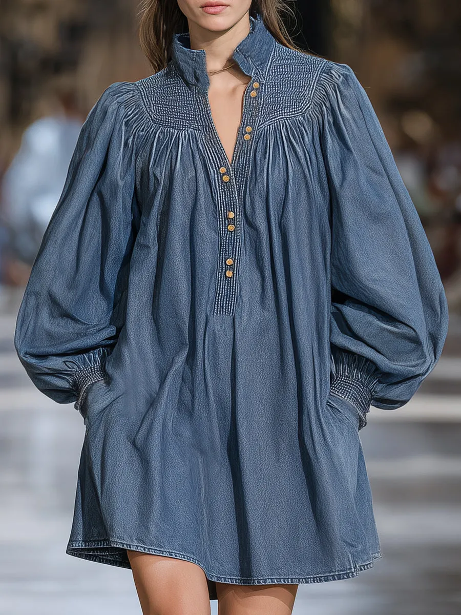 Fashionable Retro Stand-up Collar Denim Loose Mini Dress sold by Oyrosy