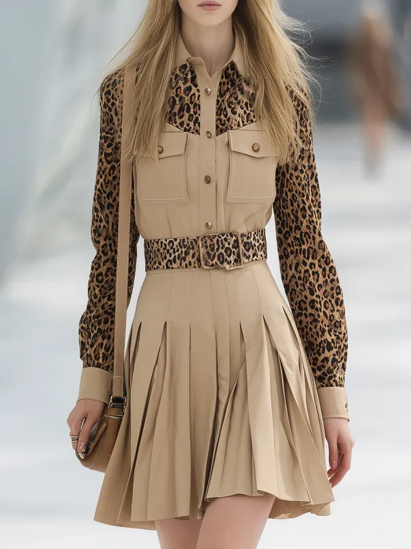 Casual Retro Leopard Print Patchwork Beige Mini Dress made by Oyrosy