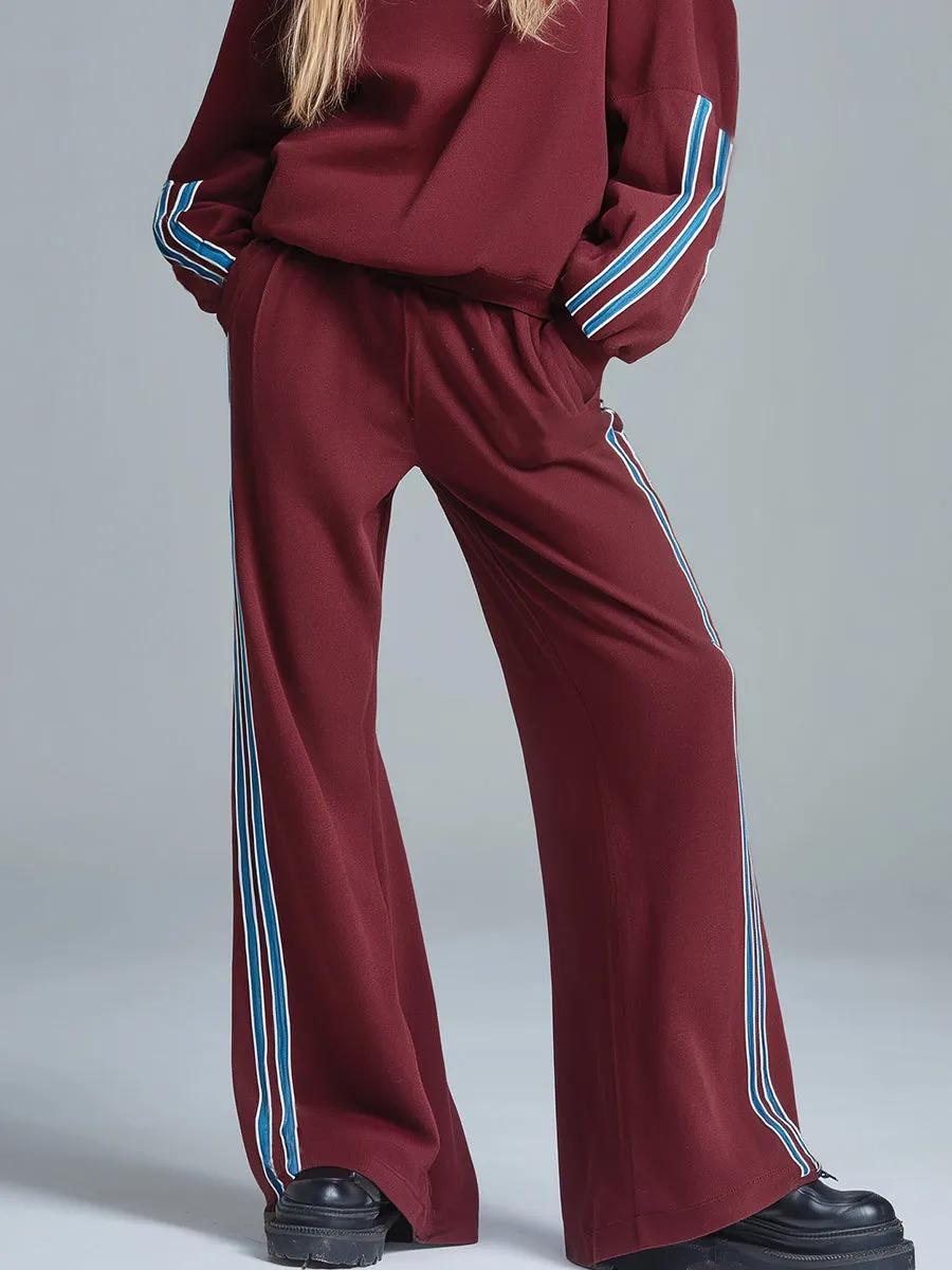 Retro Sporty Stand-up Collar Zip-up Burgundy Sweatshirt And Pants Set sold by Oyrosy product image thumbnail 4