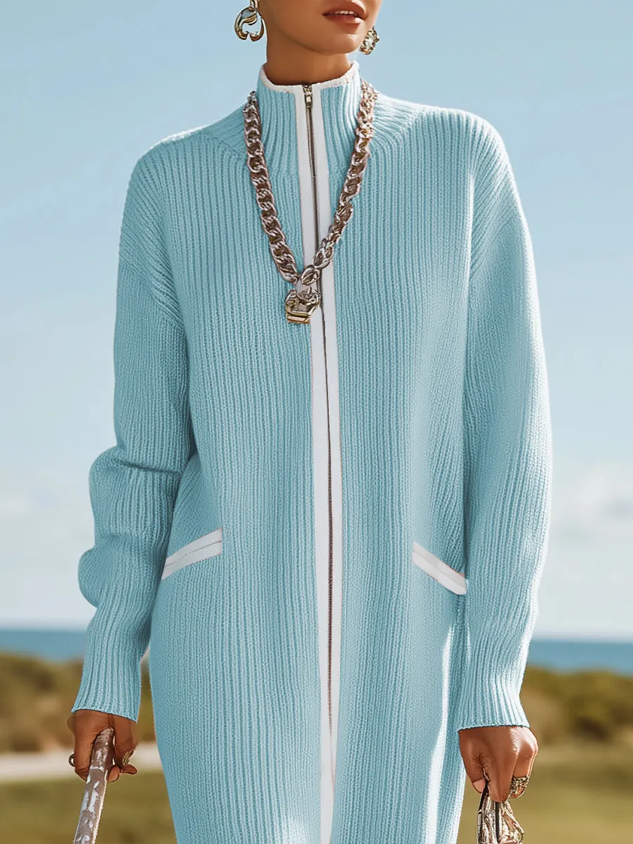 Sporty And Stylish White-trimmed Blue Knit Maxi Dress sold by Oyrosy product image thumbnail 3