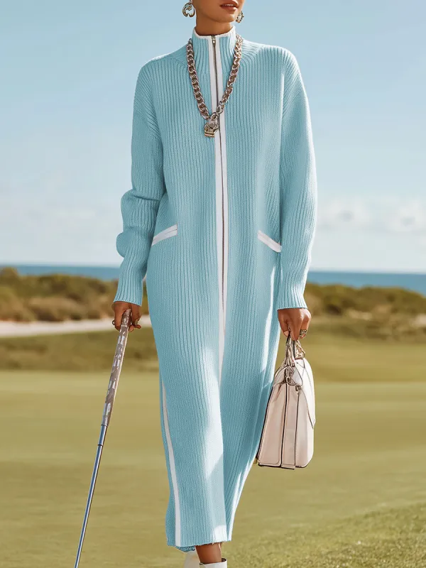 Sporty And Stylish White-trimmed Blue Knit Maxi Dress sold by Oyrosy