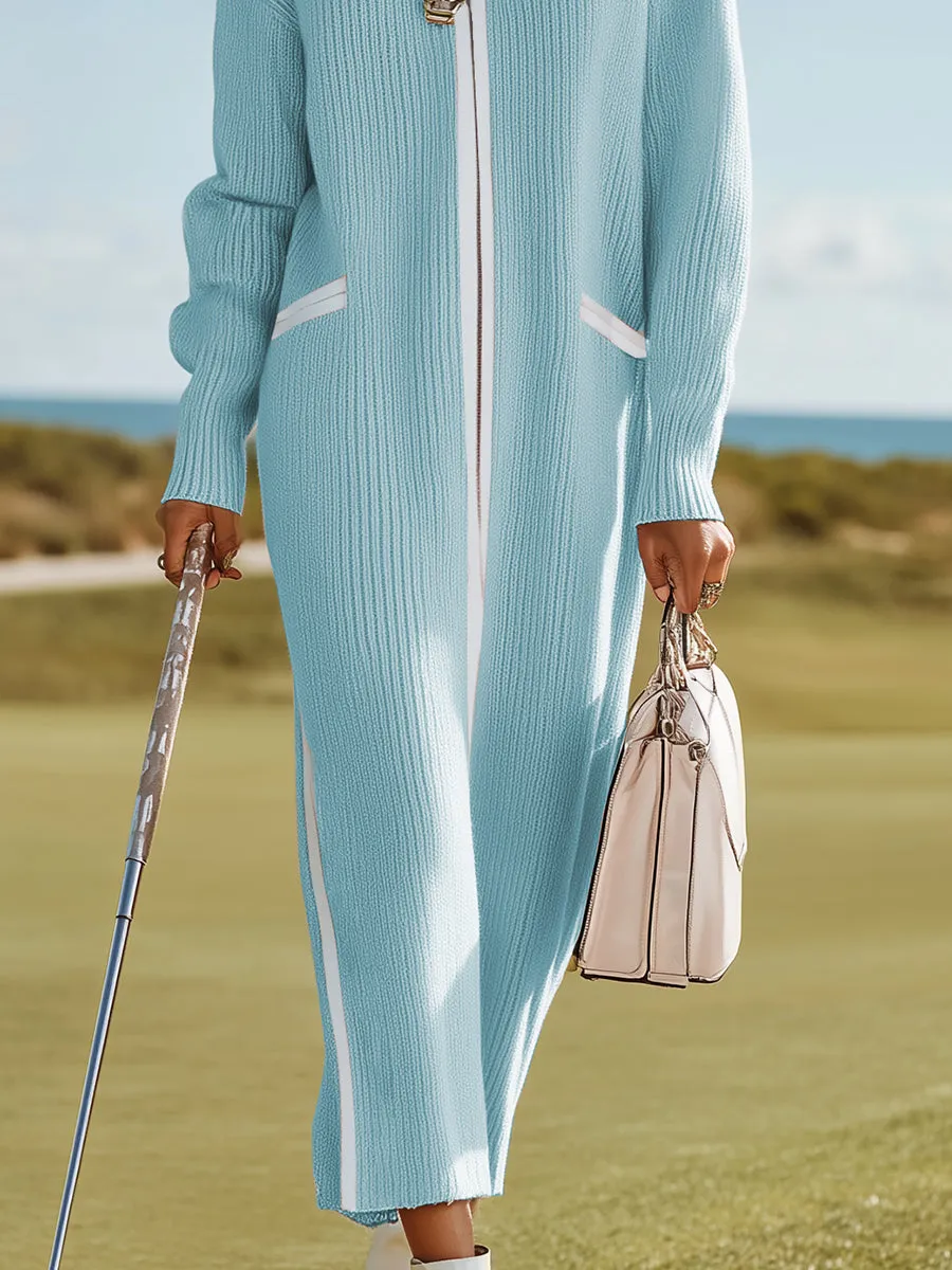 Sporty And Stylish White-trimmed Blue Knit Maxi Dress sold by Oyrosy product image thumbnail 4