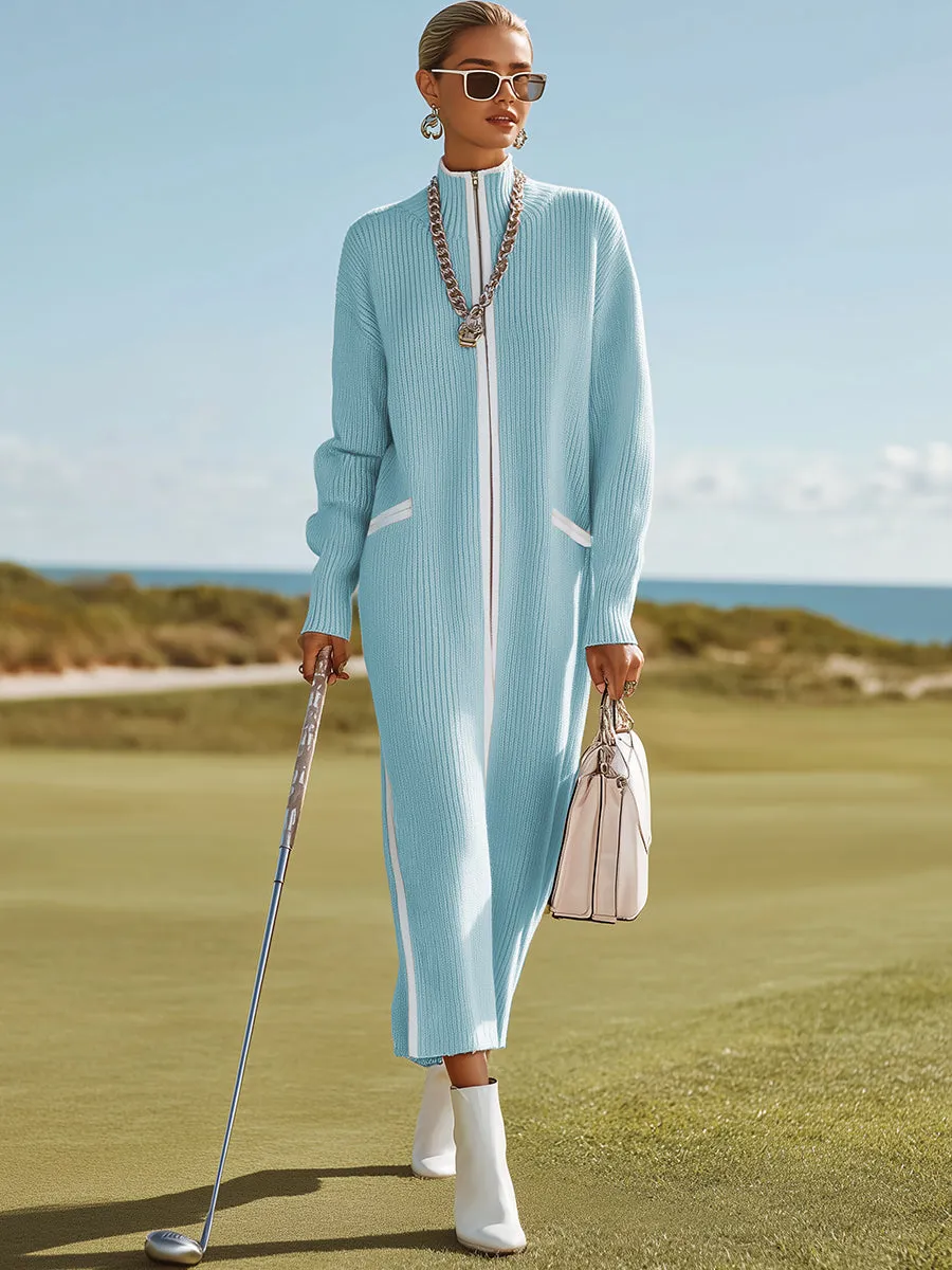 Sporty And Stylish White-trimmed Blue Knit Maxi Dress sold by Oyrosy product image thumbnail 2