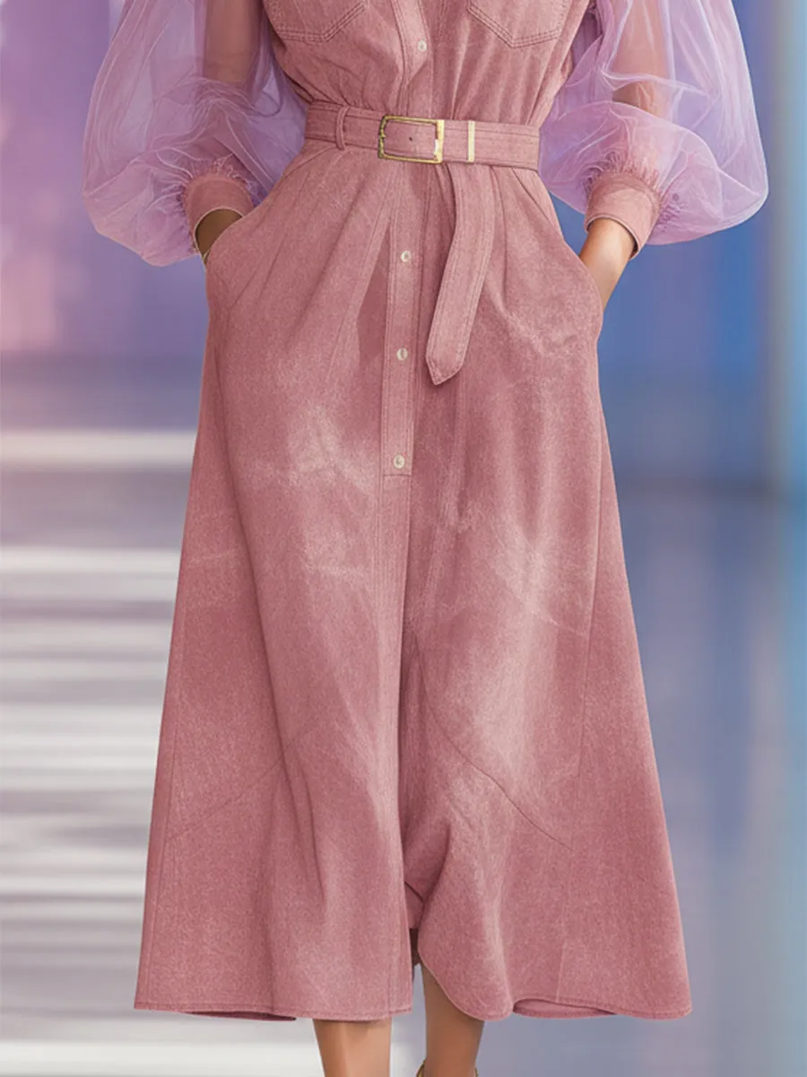 Retro Western Collar Sheer Long-Sleeved Pink Denim Midi Dress sold by Oyrosy product image thumbnail 4