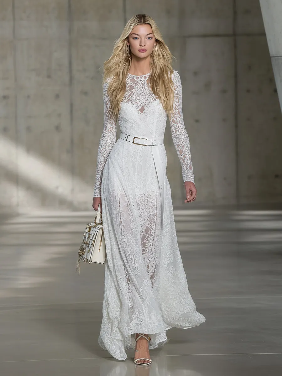 Stylish White Lace Long-sleeved Maxi Dress sold by Oyrosy product image thumbnail 2