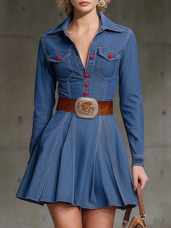 Retro Blue Denim Mini Dress With Red Button Closure sold by Oyrosy