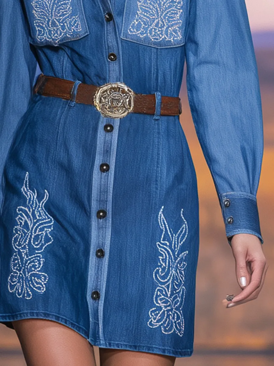 Western Blue Cowboy Embroidered Button-Down Shirt Mini Dress sold by Oyrosy product image thumbnail 3