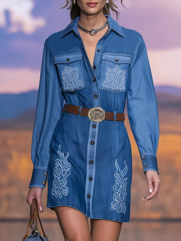 Western Blue Cowboy Embroidered Button-Down Shirt Mini Dress sold by Oyrosy