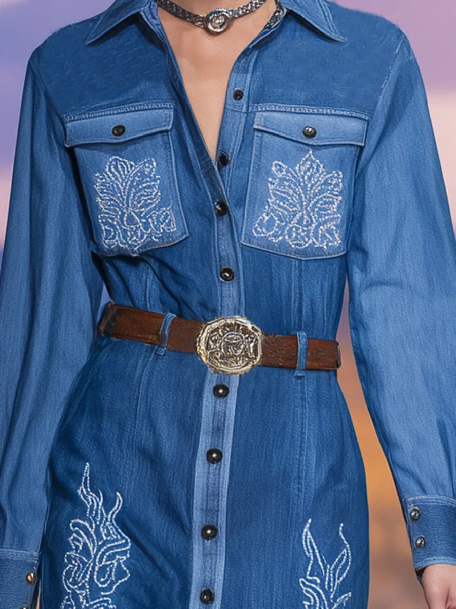 Western Blue Cowboy Embroidered Button-Down Shirt Mini Dress sold by Oyrosy product image thumbnail 4
