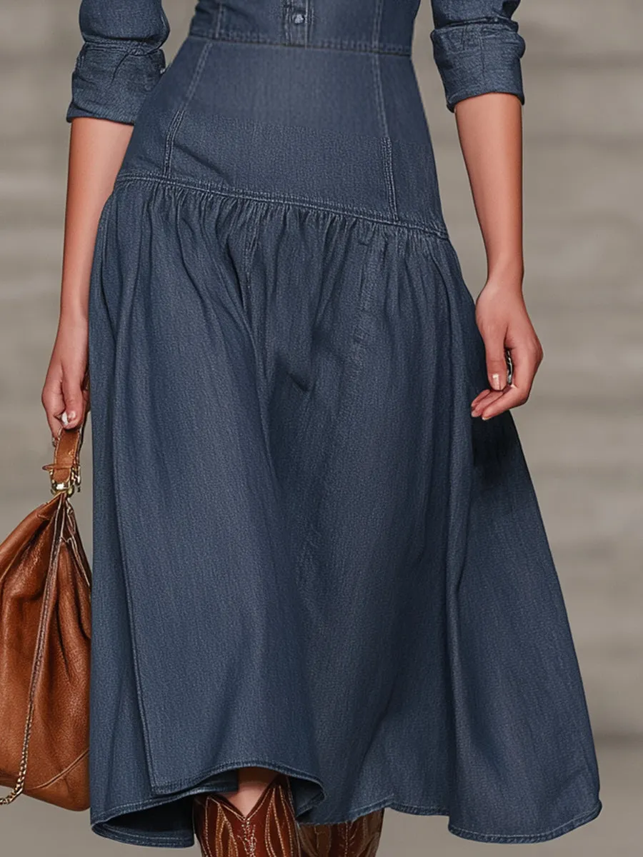 Stylish Blue Denim Button-down Long-sleeved Midi Dress sold by Oyrosy product image thumbnail 3