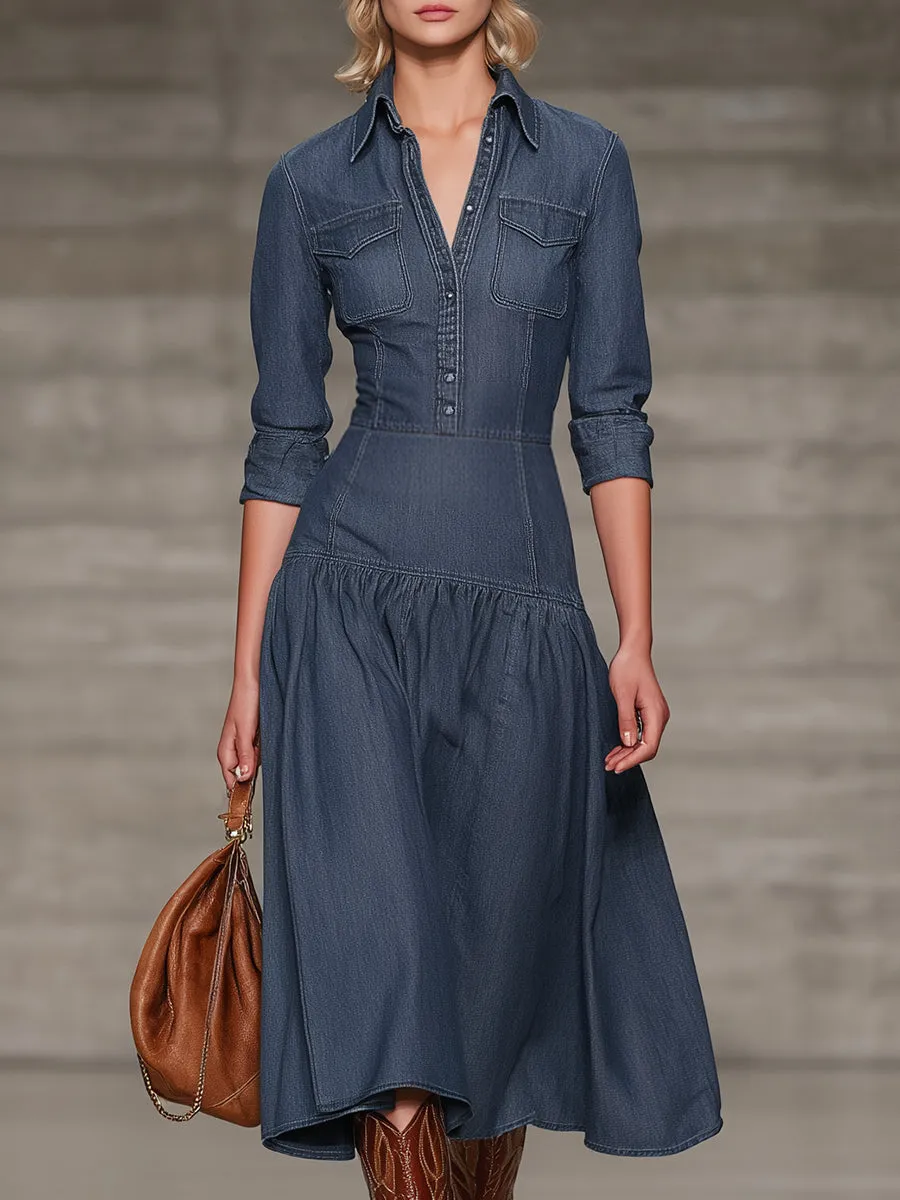 Stylish Blue Denim Button-down Long-sleeved Midi Dress sold by Oyrosy