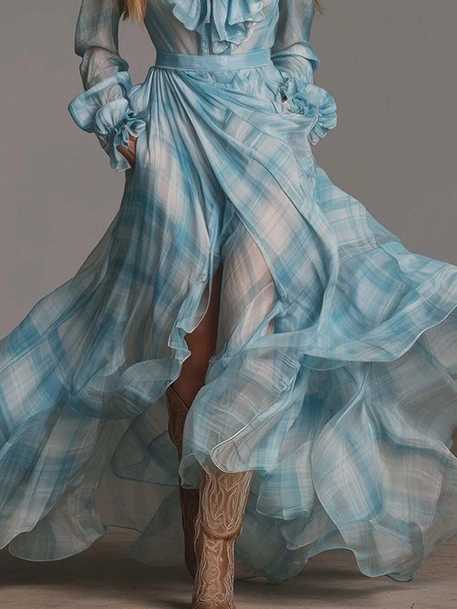 Loose-fitting Ruffled V-neck Plaid Chiffon Long-sleeved Maxi Dress sold by Oyrosy product image thumbnail 3