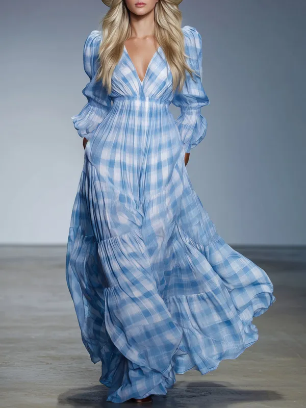 Loose V-neck Plaid Chiffon Long-sleeved Maxi Dress made by Oyrosy