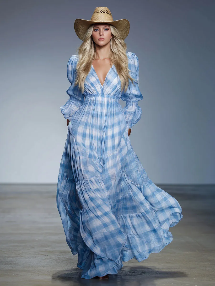 Loose V-neck Plaid Chiffon Long-sleeved Maxi Dress sold by Oyrosy product image thumbnail 4