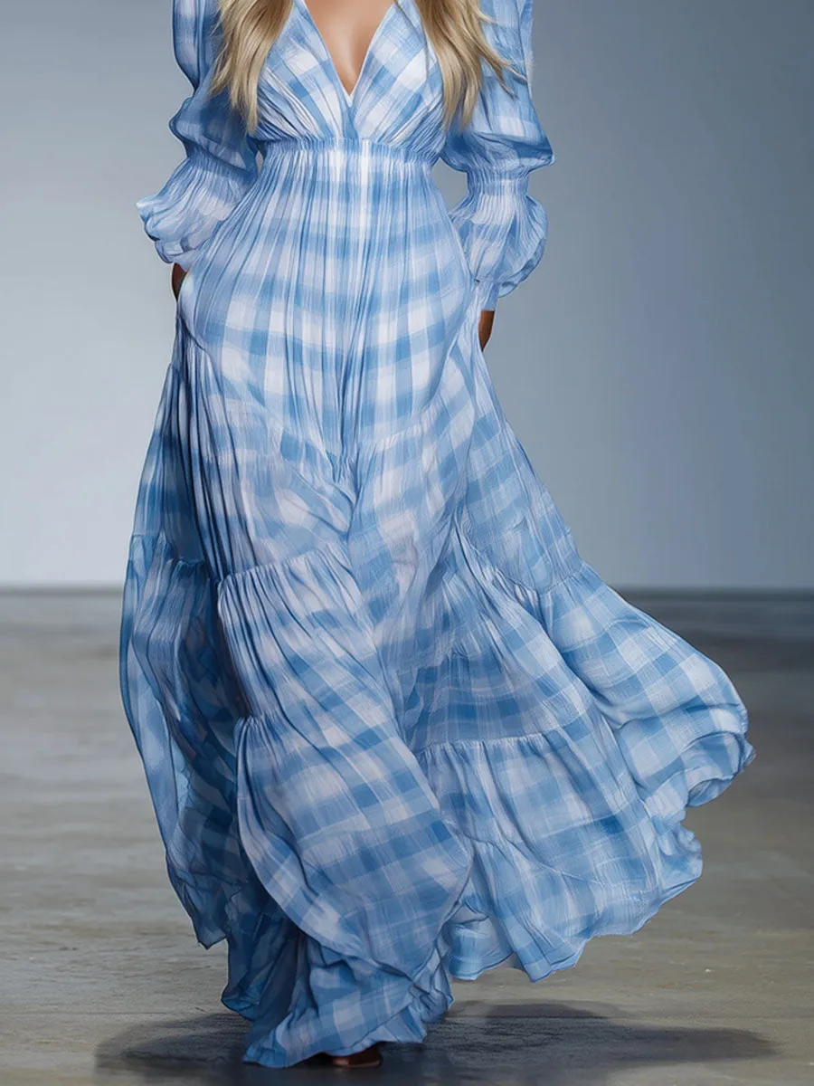 Loose V-neck Plaid Chiffon Long-sleeved Maxi Dress sold by Oyrosy product image thumbnail 3
