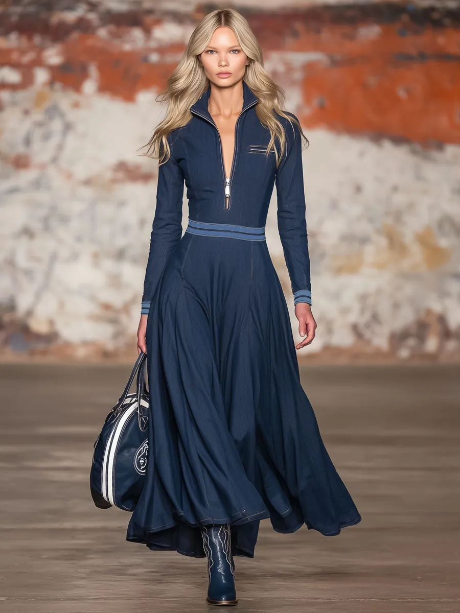 Stand-up Collar Half-zip Color-blocked Ribbed Denim Maxi Dress sold by Oyrosy product image thumbnail 4