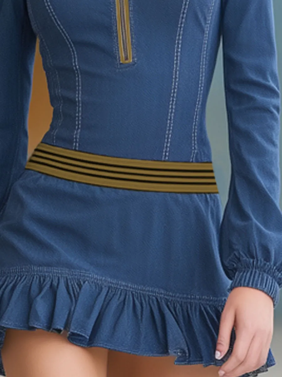 Stand-up Collar Zipper Ruffled Color-blocked Ribbed Denim Mini Dress sold by Oyrosy product image thumbnail 3