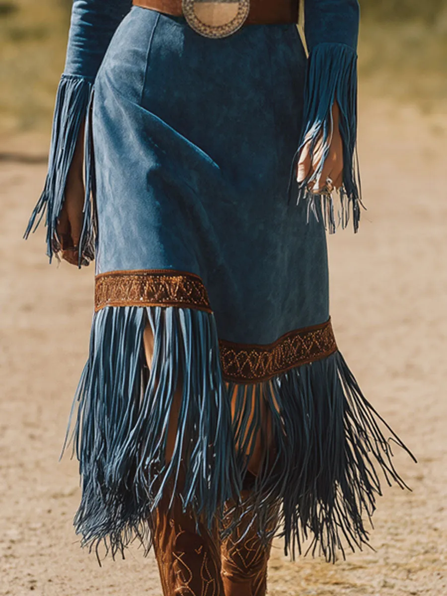 Western Retro Long-Sleeved Blue Faux Suede Embroidered Tassel Midi Dress sold by Oyrosy product image thumbnail 4