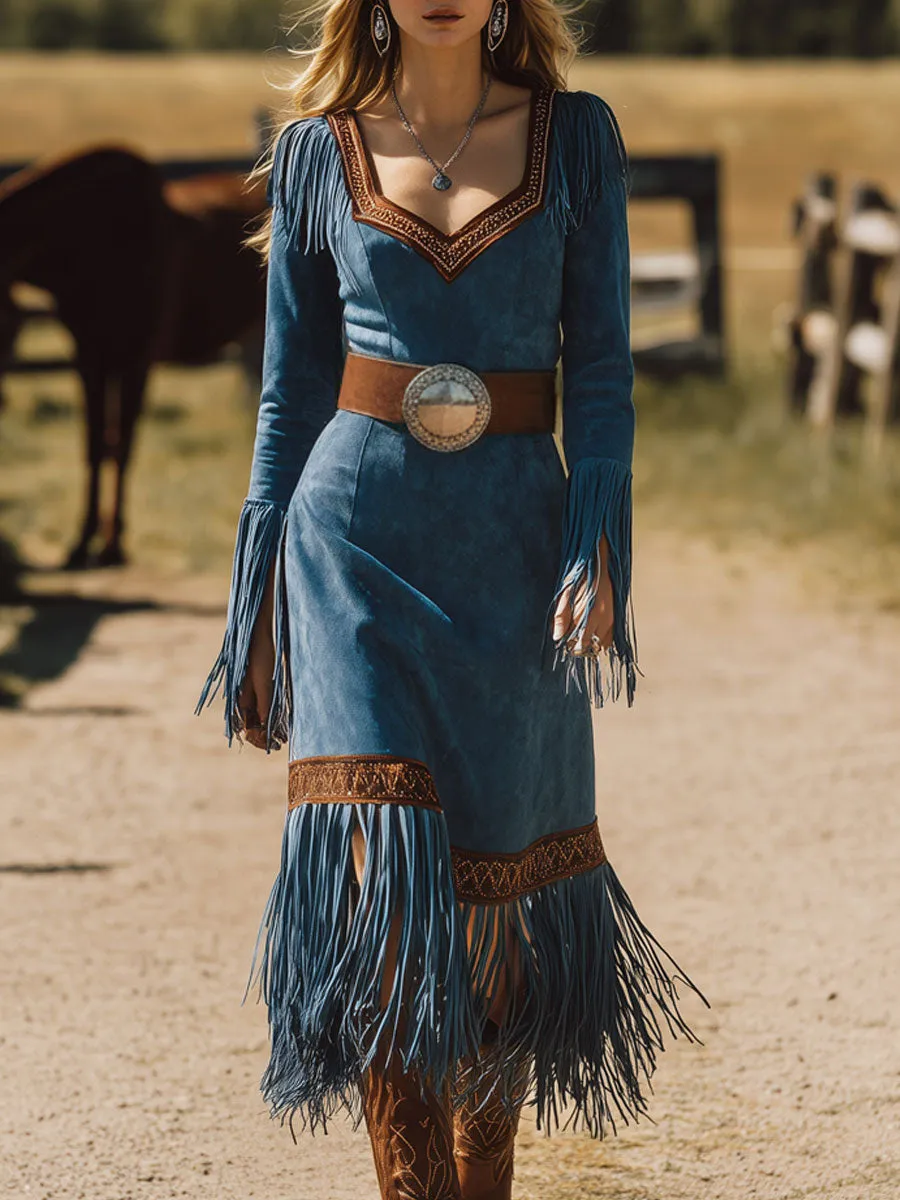Western Retro Long-Sleeved Blue Faux Suede Embroidered Tassel Midi Dress sold by Oyrosy