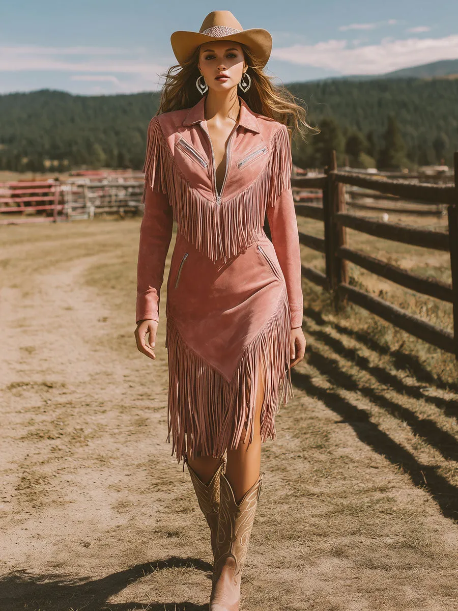 Western Retro Long-Sleeved Pink Faux Suede Tassel Zipper Midi Dress sold by Oyrosy product image thumbnail 2