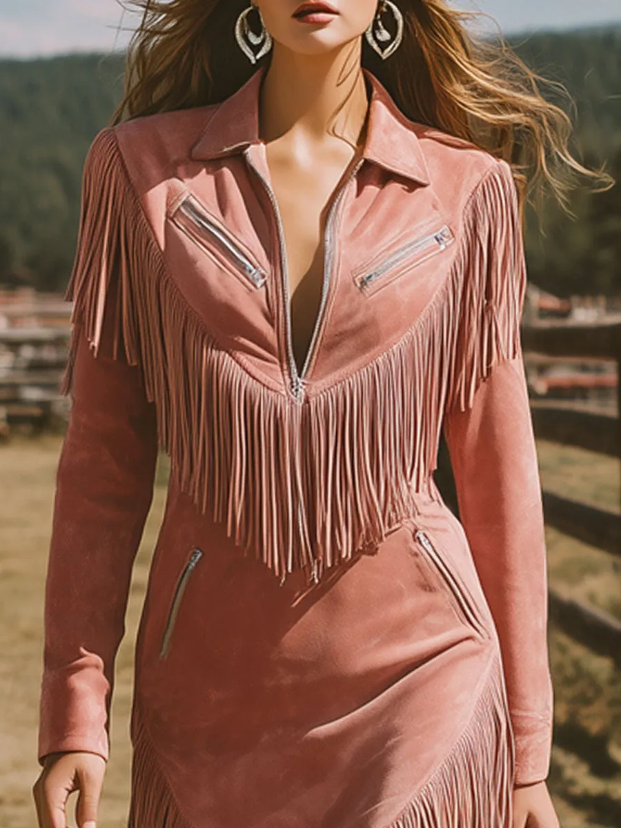 Western Retro Long-Sleeved Pink Faux Suede Tassel Zipper Midi Dress sold by Oyrosy product image thumbnail 3