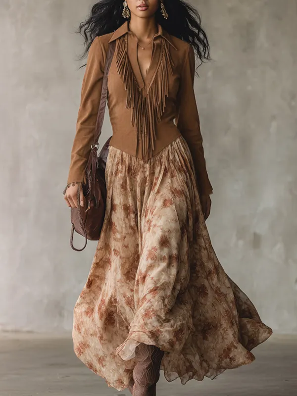 Retro Bohemian Khaki Faux Suede Patchwork Chiffon Printed Maxi Dress sold by Oyrosy