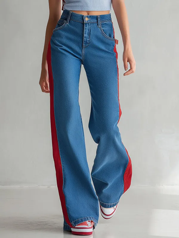 Casual Color-blocked Blue Straight-leg Jeans sold by Oyrosy