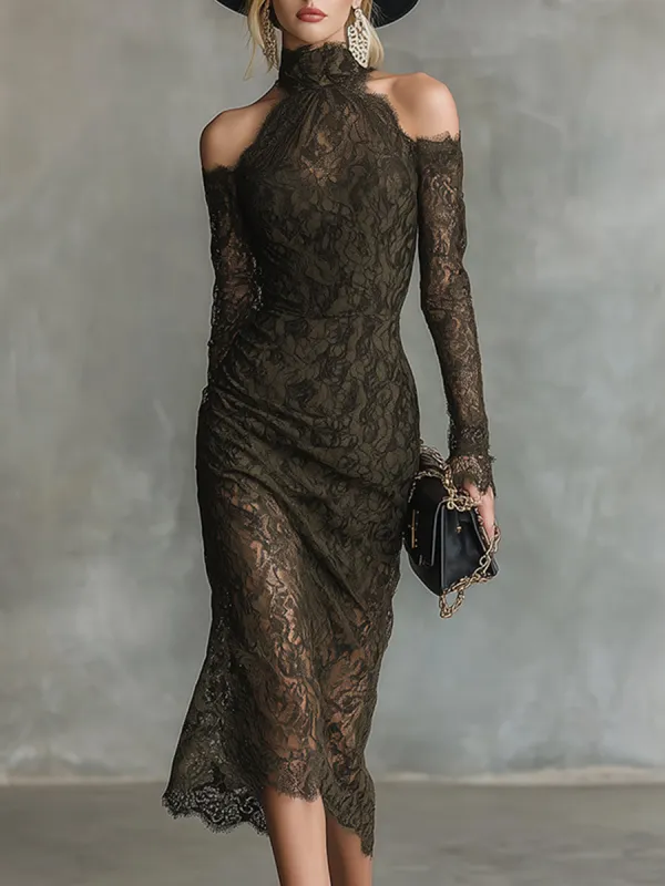 Retro-elegant Green Slightly Stretchy Lace Off-shoulder Long-sleeved Midi Dress sold by Oyrosy