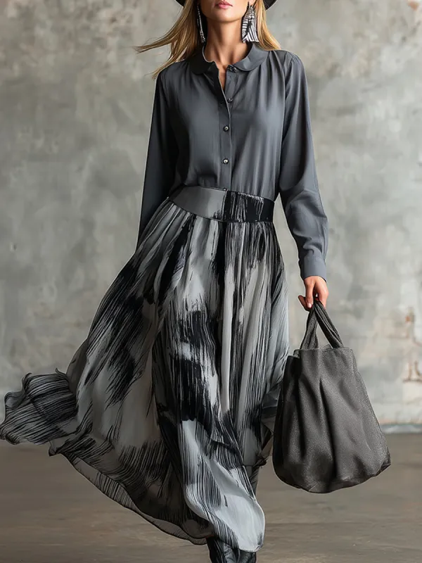 Artistic Grey Cotton Patchwork Chiffon Printed Maxi Dress sold by Oyrosy