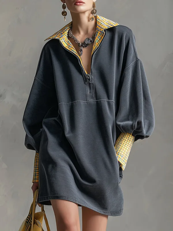 Casual Sporty Plaid Trim Gray Washed Cotton Sweatshirt Mini Dress sold by Oyrosy