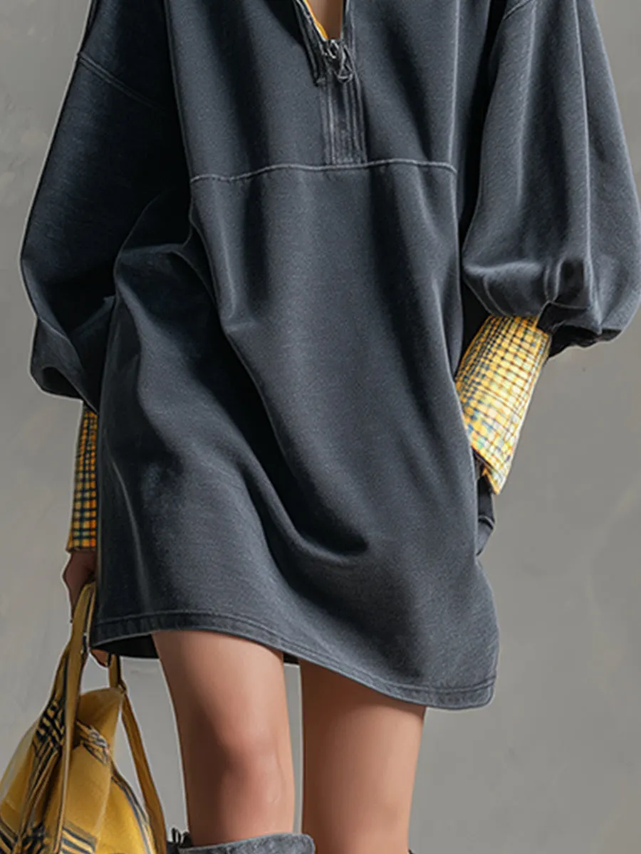 Casual Sporty Plaid Trim Gray Washed Cotton Sweatshirt Mini Dress sold by Oyrosy product image thumbnail 4