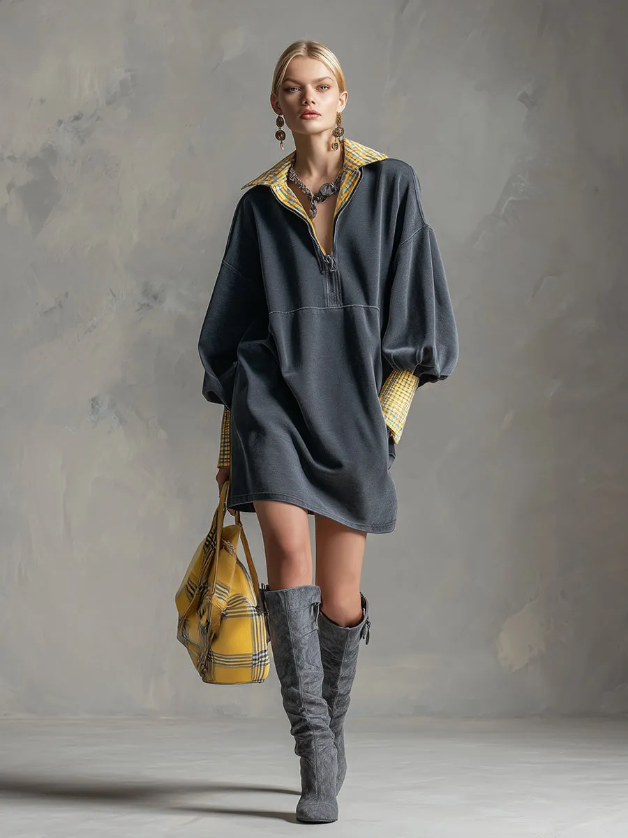 Casual Sporty Plaid Trim Gray Washed Cotton Sweatshirt Mini Dress sold by Oyrosy product image thumbnail 2