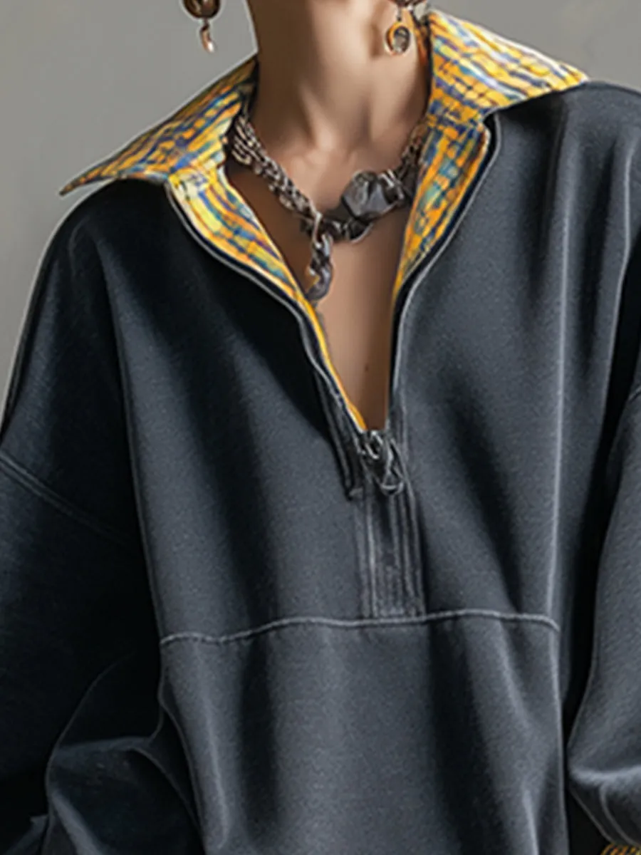 Casual Sporty Plaid Trim Gray Washed Cotton Sweatshirt Mini Dress sold by Oyrosy product image thumbnail 3