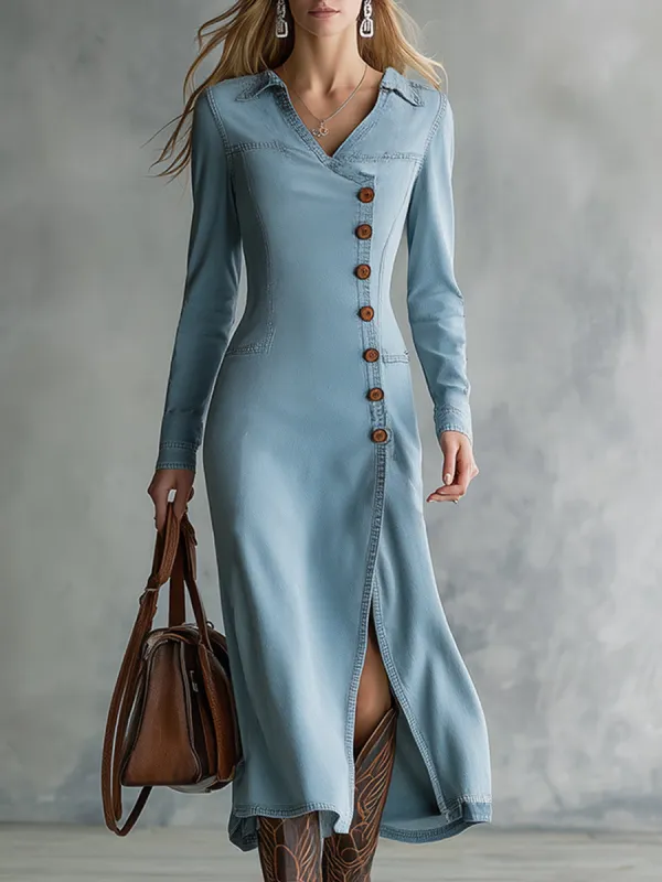 Retro Light Blue Denim Slanted Button V-neck Maxi Dress sold by Oyrosy