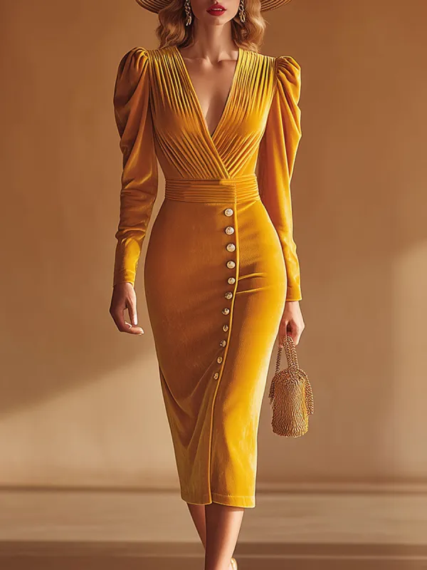 Elegant Retro Yellow V-neck Velvet Midi Dress sold by Oyrosy