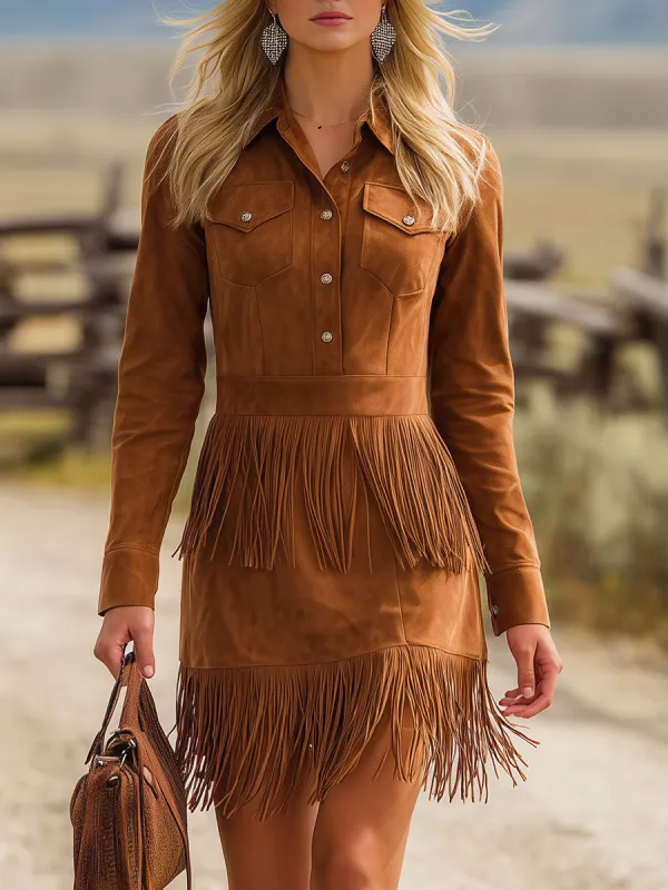Western-style Vintage Brown Fringed Faux Suede Mini Dress sold by Oyrosy