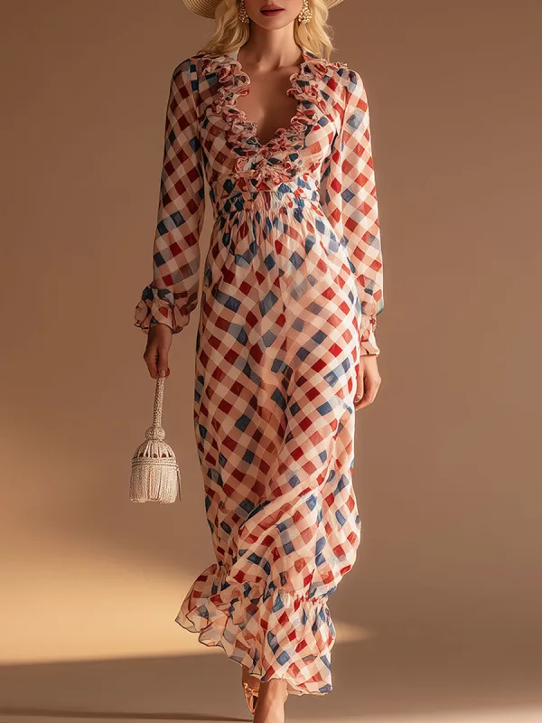 Fashionable Retro Plaid Print Ruffled Chiffon Maxi Dress sold by Oyrosy