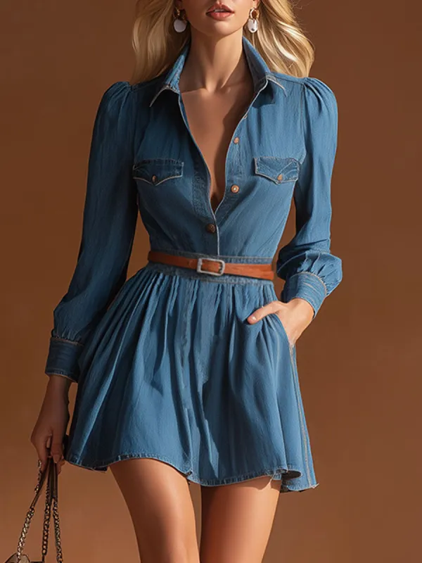 Fashionable Retro Long-sleeved Collared Blue Denim Mini Dress sold by Oyrosy
